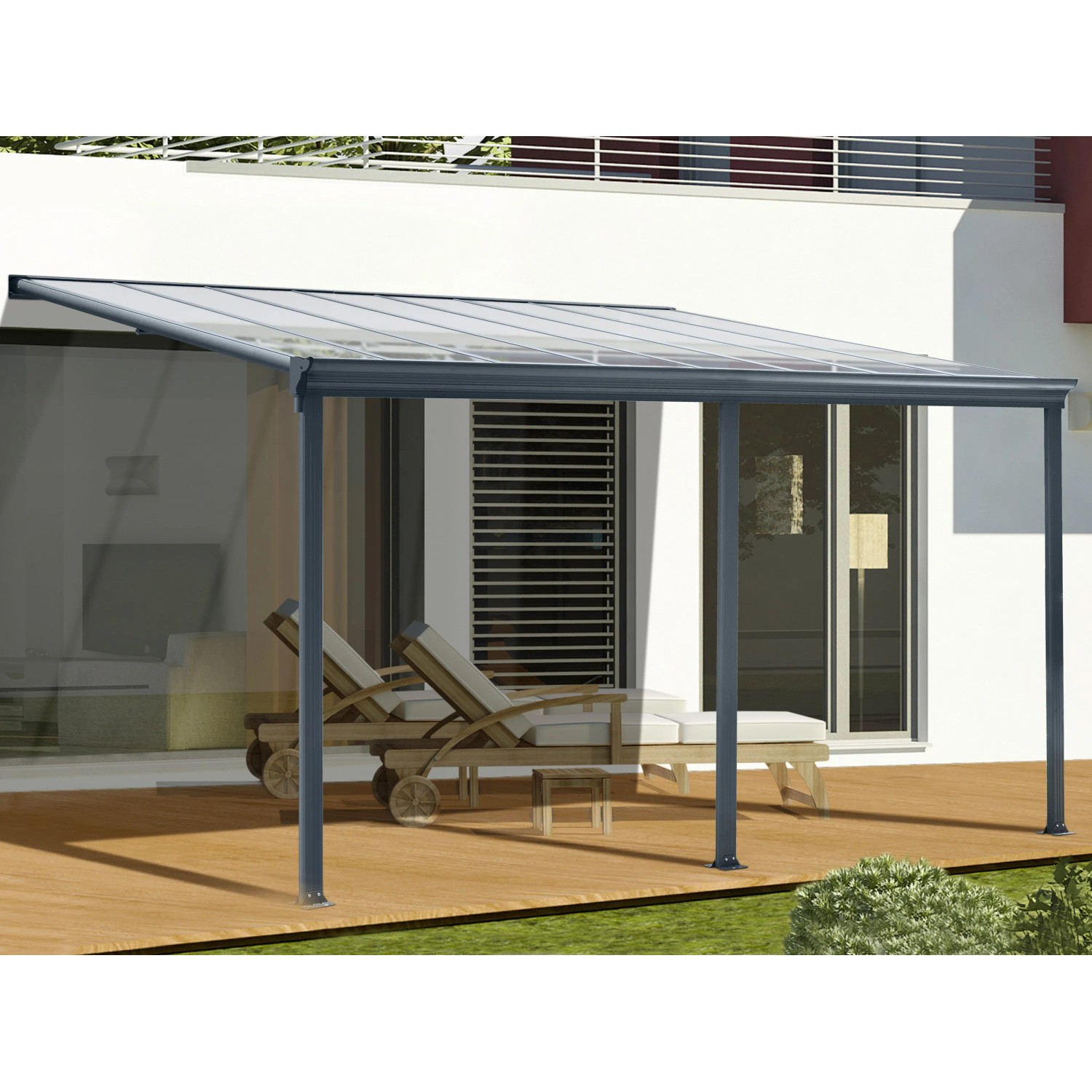 Floraworld Terrassenüberdachung in Anthrazit, 496x303 cm, mit transparentem Dach und drei Standfüßen.