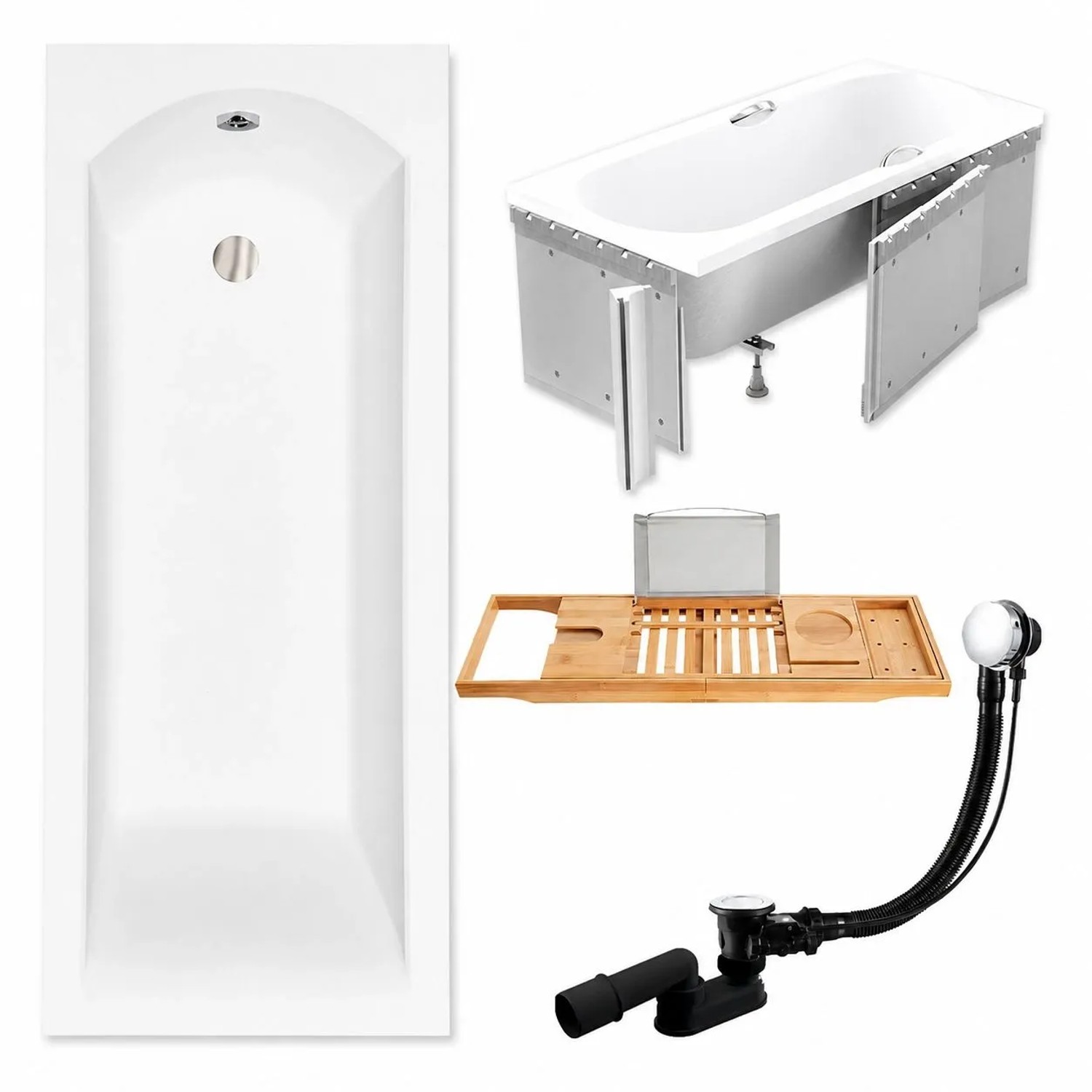 KOLMAN Badewanne Rechteck 140 x 70 Cm Mit Styroporverkleidung Mit Bambus Badewannenablage Inkl. Ablauf Und Füße
