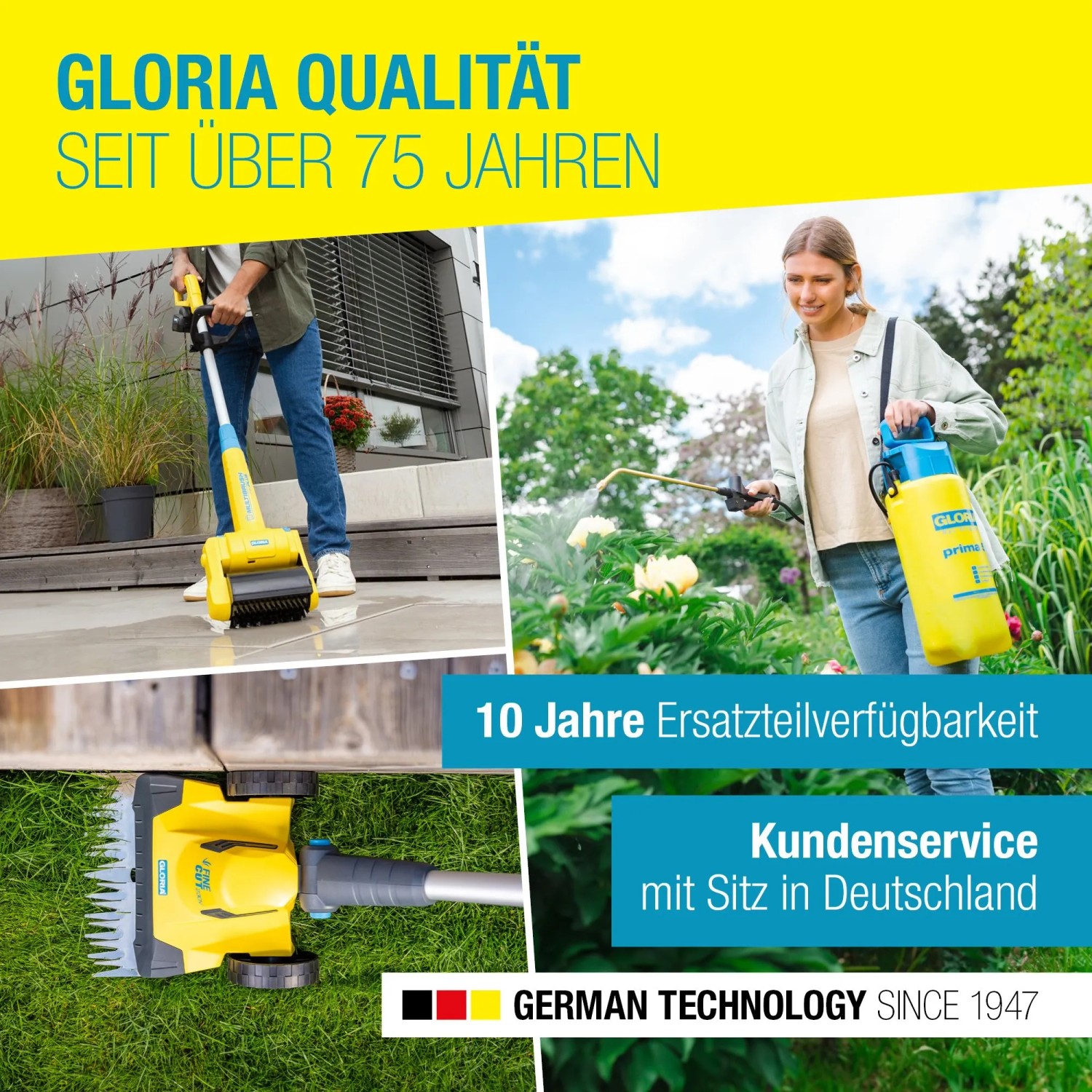 Gloria WeedBrush Elektro-Unkrautfugenbürste im Einsatz: Unkrautentfernung auf Pflaster und Rasen.