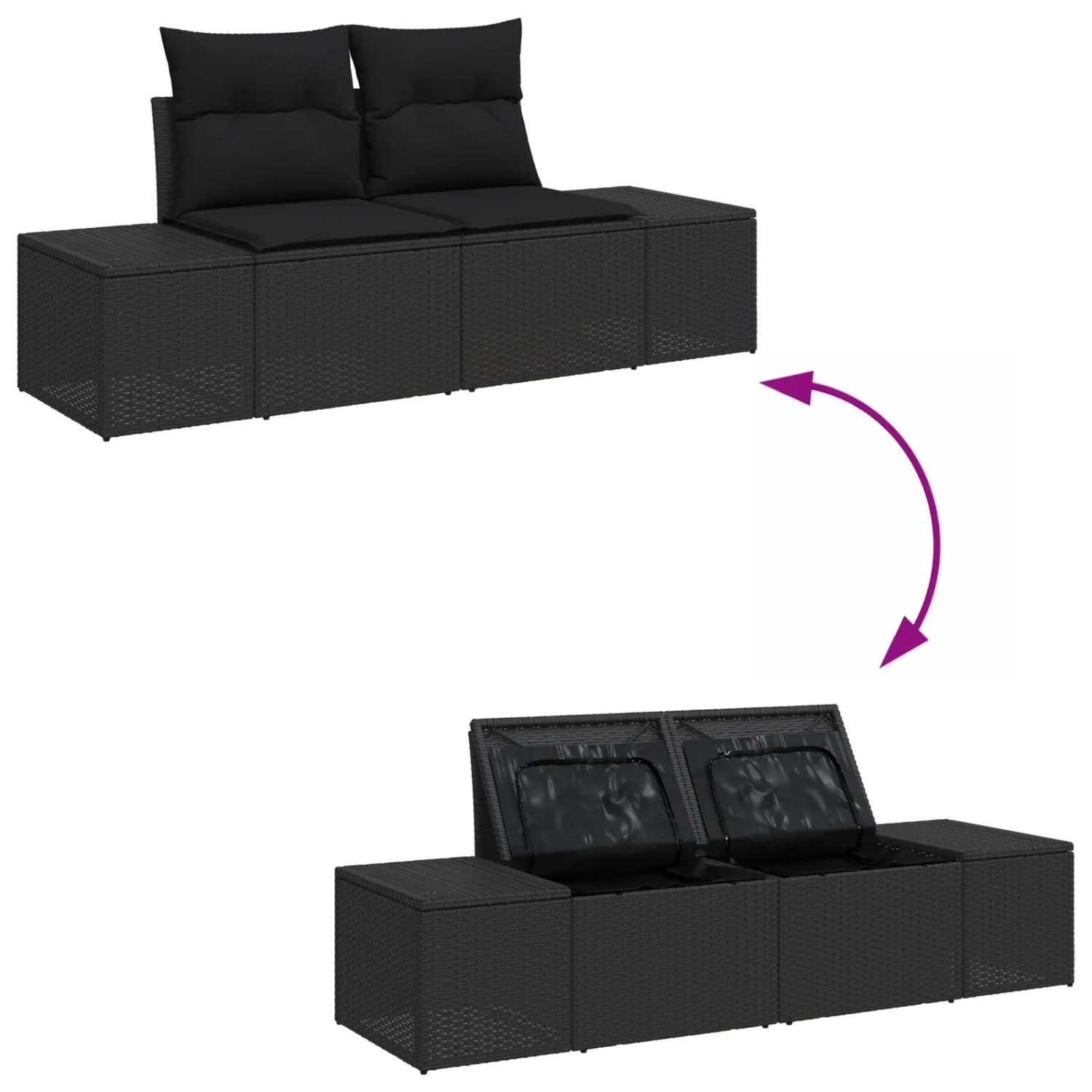 Schwarzes 8-tlg. vidaXL Garten-Sofa-Set aus Poly Rattan mit Stauraum und verstellbarer Höhe.
