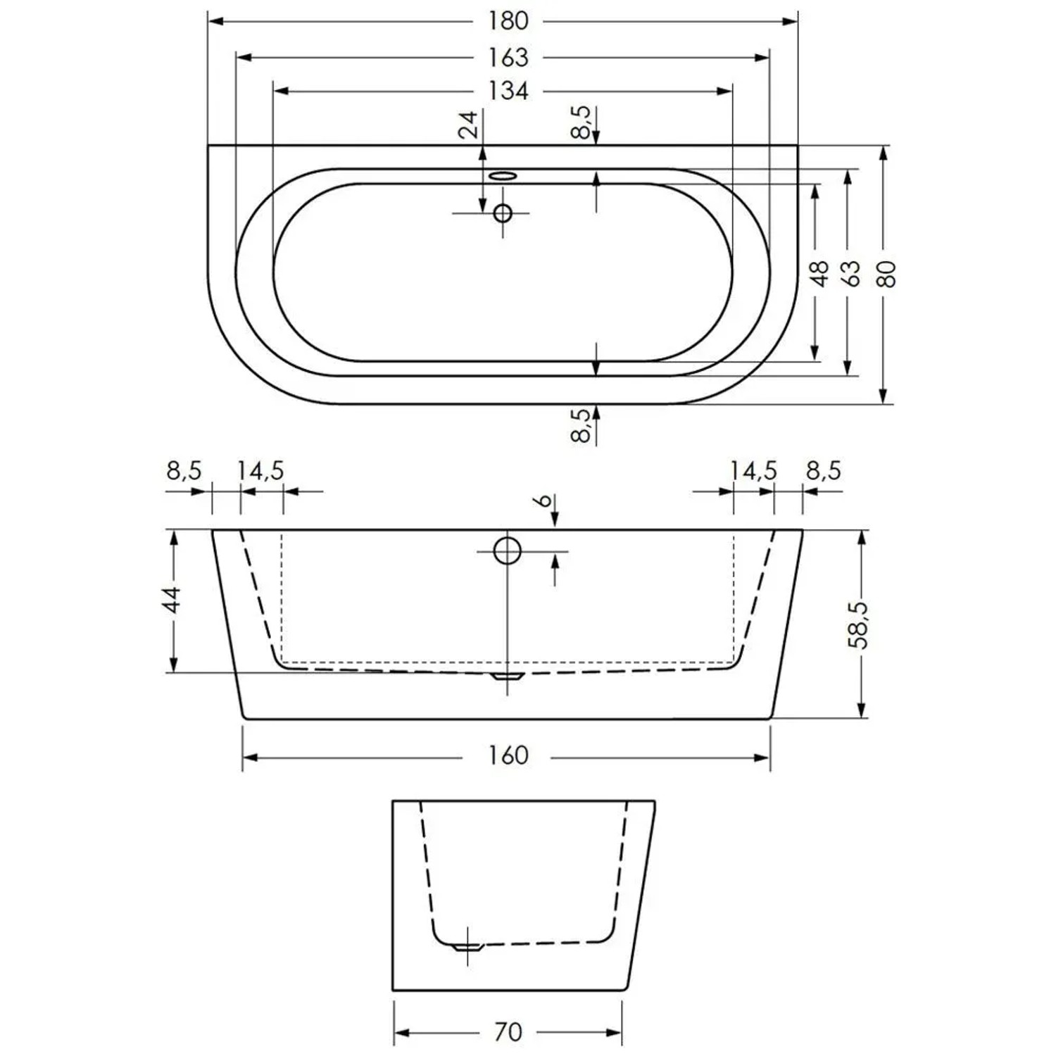 Technische Zeichnung der weißen Steinkamp Vorwand-Badewanne Living 180x80 cm mit Maßen.