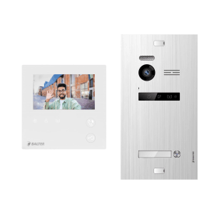 Balter Evo Mini Video Türsprechanlage für 1-Familienhaus, silberfarben, mit Monitor und Türstation.