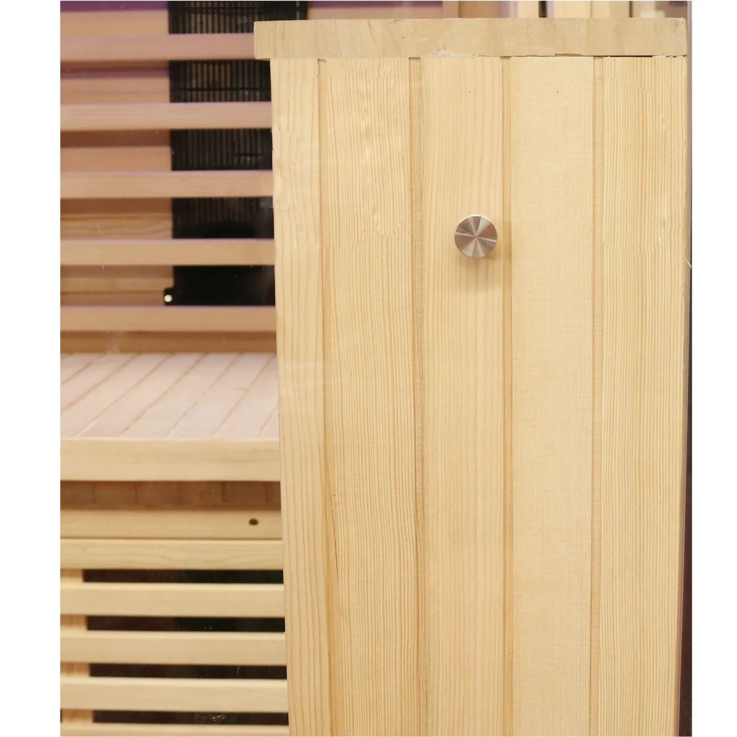Detailansicht der Dewello Infrarotkabine Kingston aus Hemlock-Holz mit Glastür.