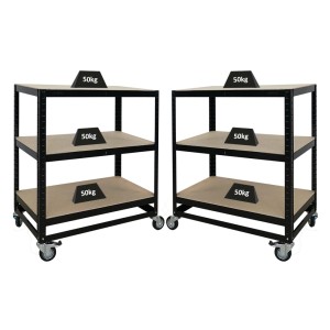 PROREGAL Mega Deal 2x Kommissionierwagen BÜFFEL Fahrbares Kommissionierregal 100x90x50cm 3 Ebenen Fachlast 50kg 2x Mit Feststellbremse Schwarz