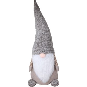 Stehender Stoff-Wichtel mit grauer Mütze als Weihnachtsdeko.