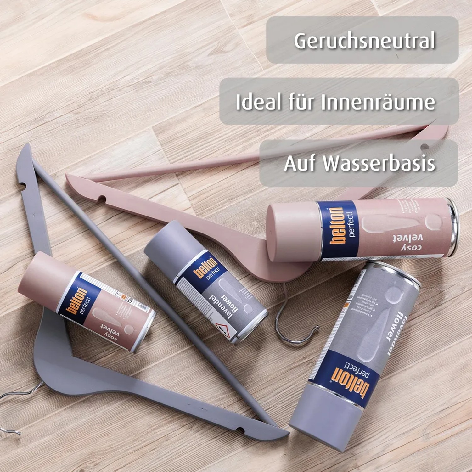 belton Buntlack Perfect Lavendel Flower seidenmatt Spraydosen mit Kleiderbügeln.