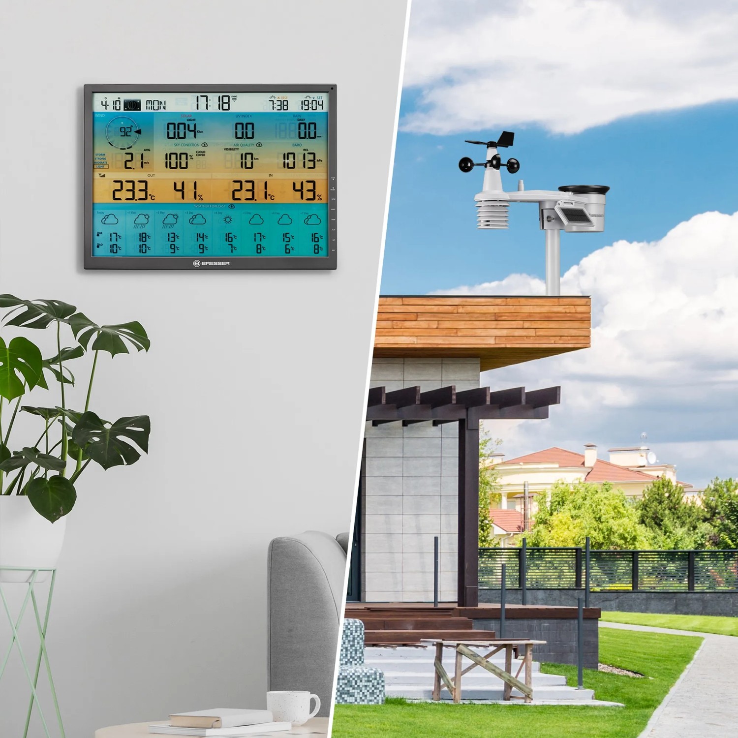 Bresser Solar-WLAN-Wetterstation 4CAST XL 7-in-1, schwarze Wetterstation mit Solar-Sensor.