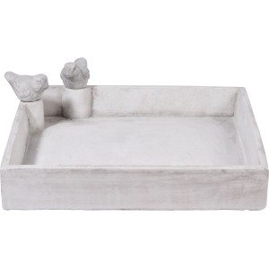 Weiße, quadratische Dobar Vogeltränke Carré aus Zement mit zwei Deko-Vögeln am Rand.