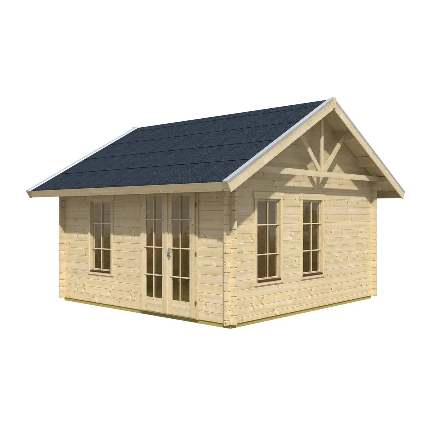 Skan Holz Gartenhaus Bern, Weekendhaus aus unbehandelter Fichte mit Doppeltür und Fenstern.