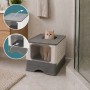 Weiße, graue Katzentoilette aus Kunststoff mit Katze, Top-Exit, Fronttür. Faltbares Katzenklo mit Schublade.