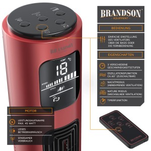 Brandson Turmventilator, rubinrot, mit Fernbedienung und digitalem Display. Ideal für heiße Tage.