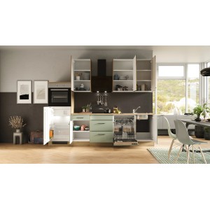 Flex-Well Küchenzeile Cara in Schilfgrün/Artisan Eiche mit E-Geräten wie Backofen, Kühlschrank und Geschirrspüler.