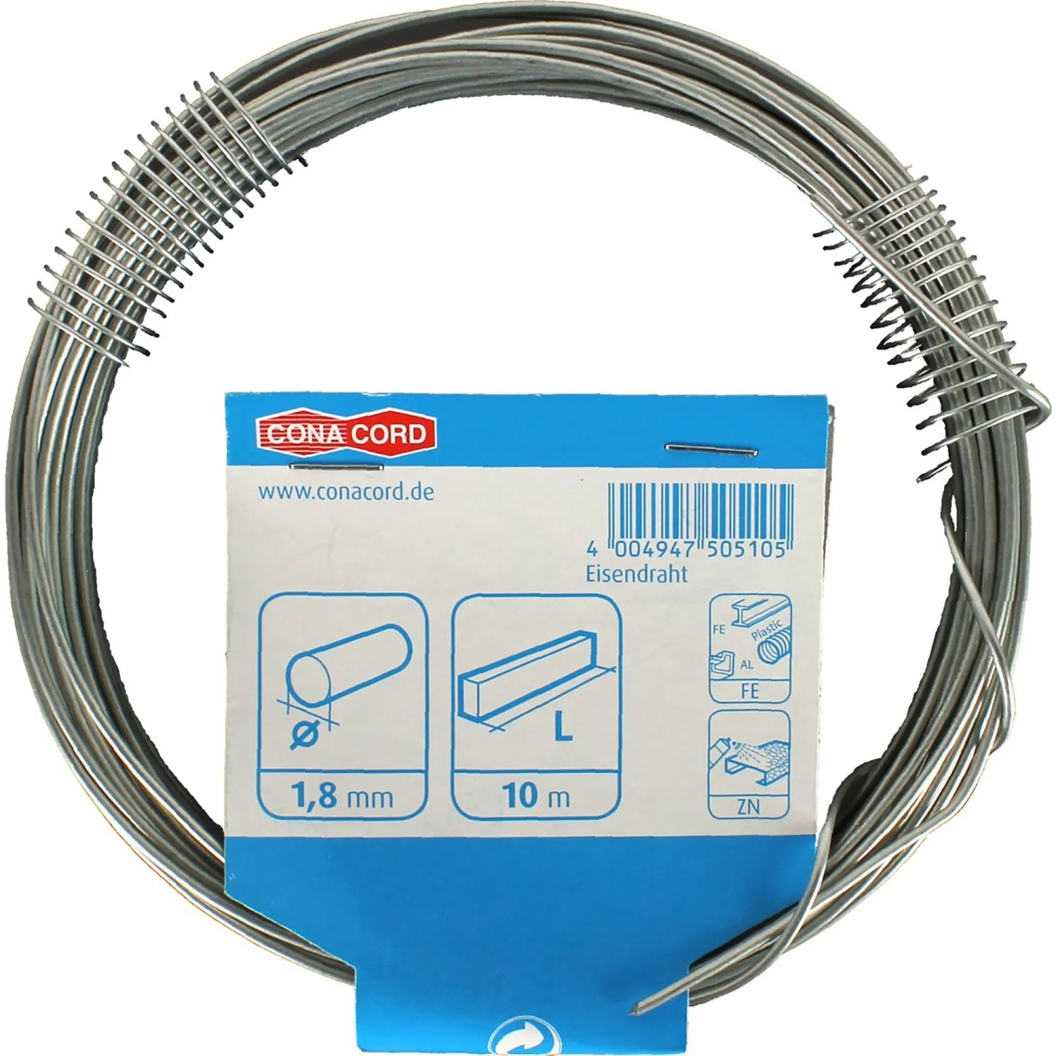 Conacord Eisendraht verzinkt, Ø 1,8 mm, 10 m Rolle. Ideal für Bastel- und Dekoarbeiten.