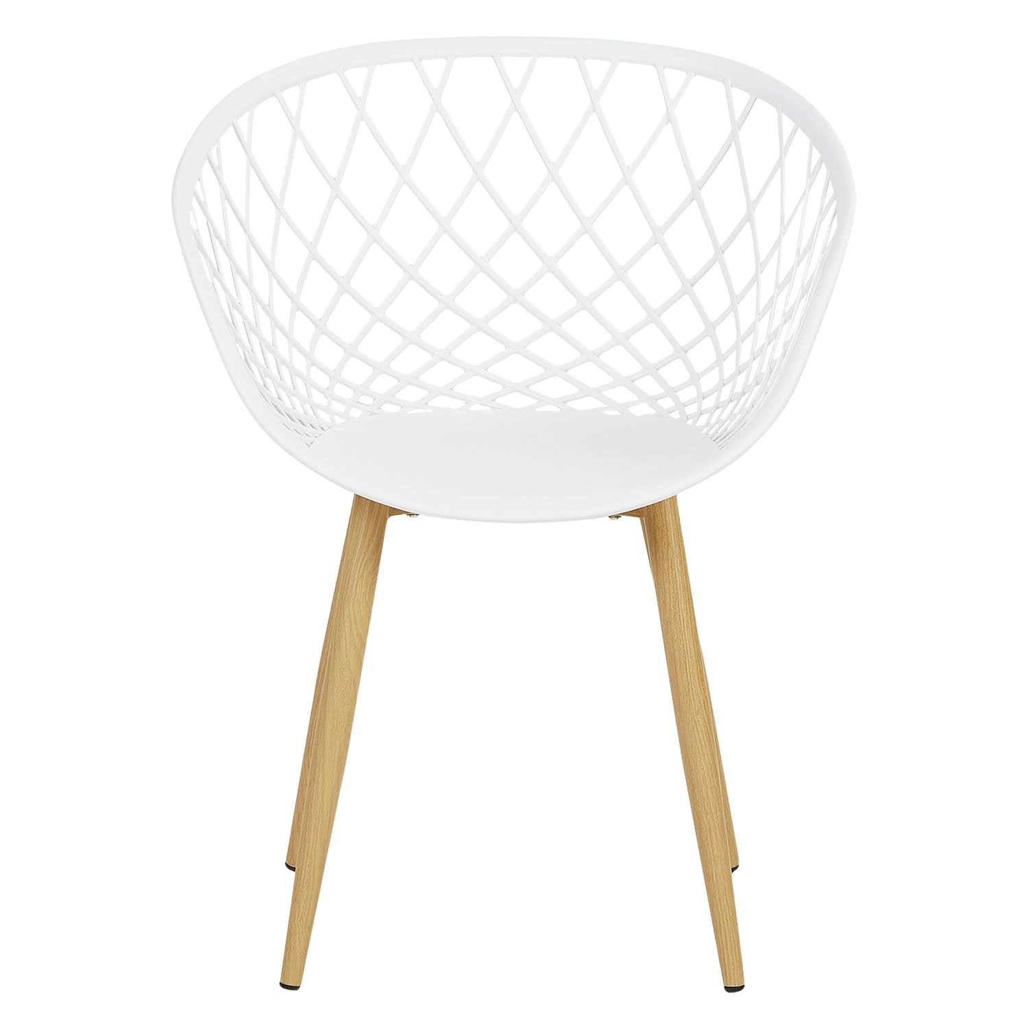 Weißer Gartenstuhl aus Kunststoff mit Holzbeinen, 6er Set. Moderner Outdoor-Stuhl für Terrasse und Garten.