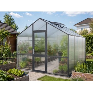 KGT Gewächshaus Lilie Anthrazit-Grau im Garten. Rechteckiges Gewächshaus mit Dachfenster, Tür und Pflanzen für Kräuter & Gemüse.