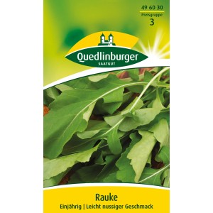 Samenpackung Quedlinburger Rauke (Rucola) mit frischen, grünen Blättern.