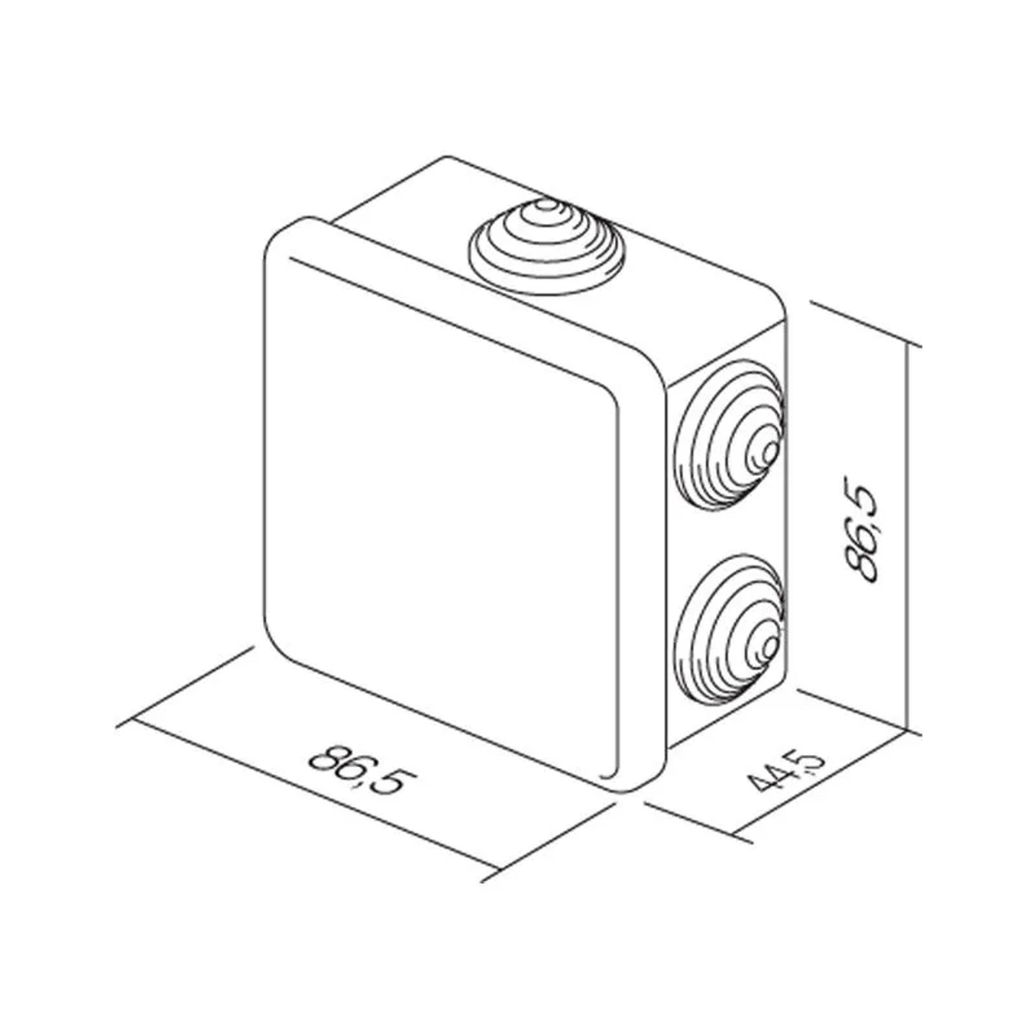 Technisches Diagramm des weißen TEM Fontana Abzweigkastens IP44 AP mit Maßen 86,5x86,5x44,5 mm.