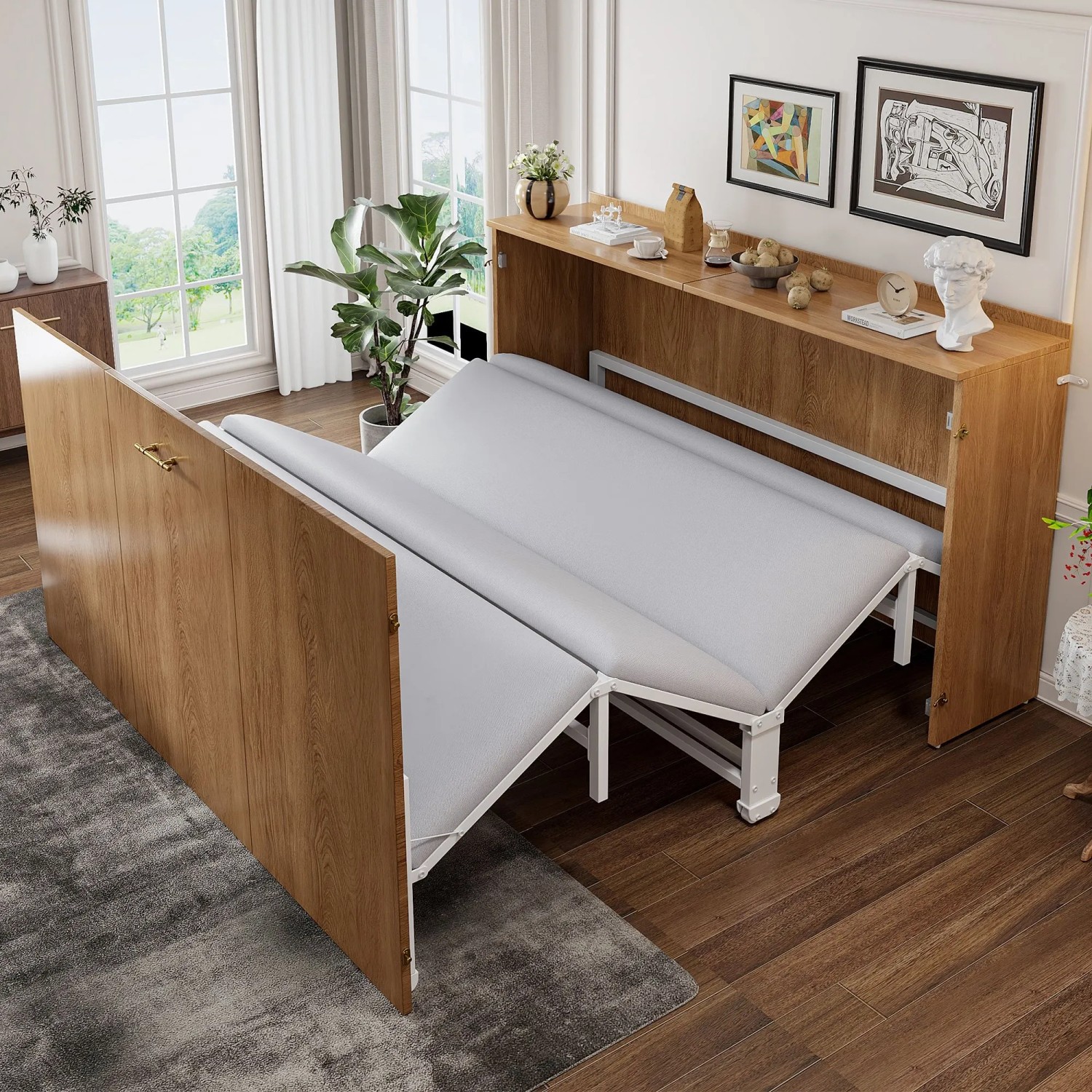 Klappbett 140x200 cm in Holzoptik, entfaltet sich aus Schrank, mit weißem Metallrahmen und grauer Matratze.