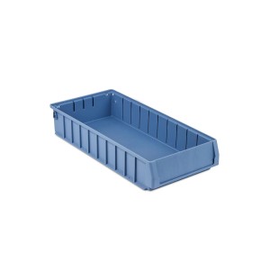 Blauer Regalkasten 7,8L mit Etikett und Schutzhaube, ideal zur Aufbewahrung von Kleinteilen.