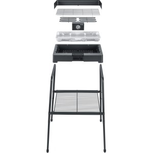 Severin Standgrill PG 8566, zerlegt: Grillrost, Heizelement, Fettauffangschale und Standbeine.