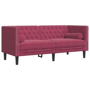 Weinrotes 2-Sitzer Chesterfield Sofa aus Samt mit Nackenrollen.