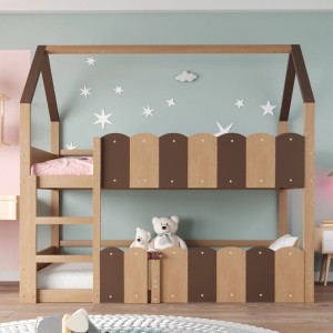 okwish Etagenbett 90x200cm mit Sicherheitsgeländer Hausdesign Kinderbett Natur ohne Matratze