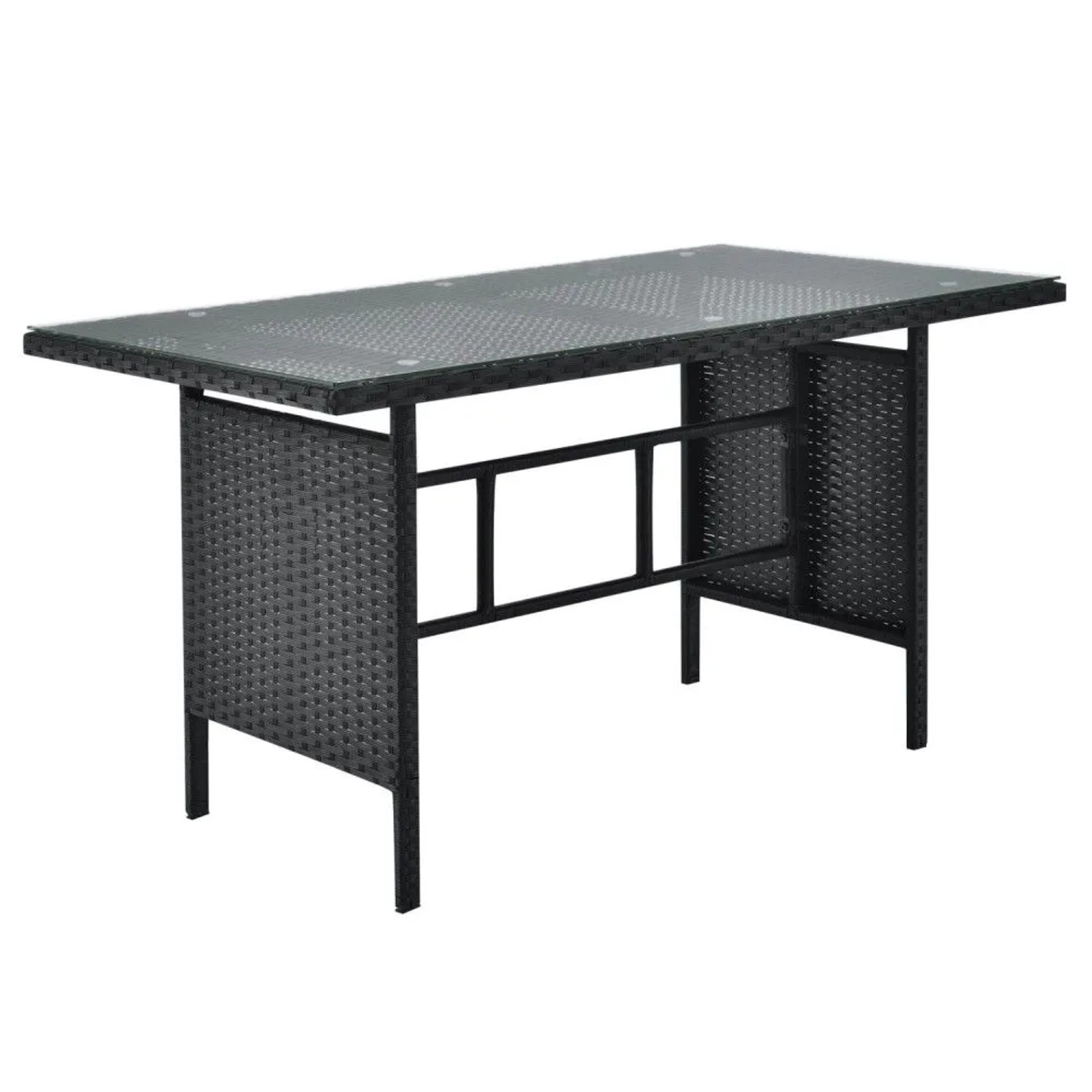 Schwarzer Polyrattan Gartentisch mit Glasplatte. Modernes Lounge-Möbel für Garten und Terrasse.
