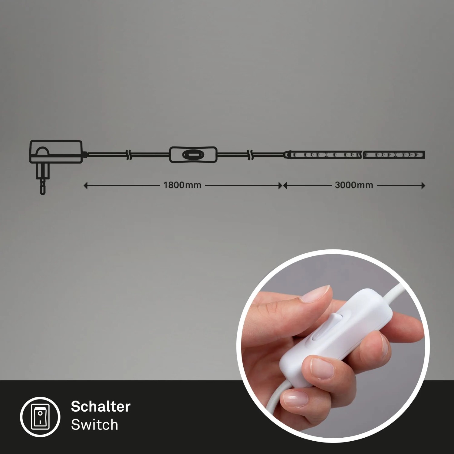 Skizze des Brilo LED-Strips mit Kabelschalter und Detailaufnahme des Schalters in der Hand.
