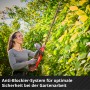 Frau schneidet Hecke mit der roten Einhell Akku-Heckenschere GP-CH 18/61 Li BL-Solo.