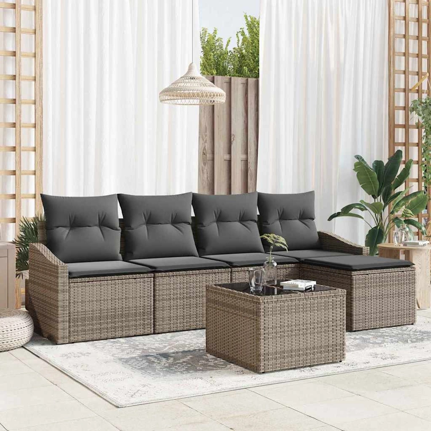 Graues 6-tlg. vidaXL Garten-Sofa-Set aus Poly Rattan mit Tisch und Auflagen für Terrasse und Garten.
