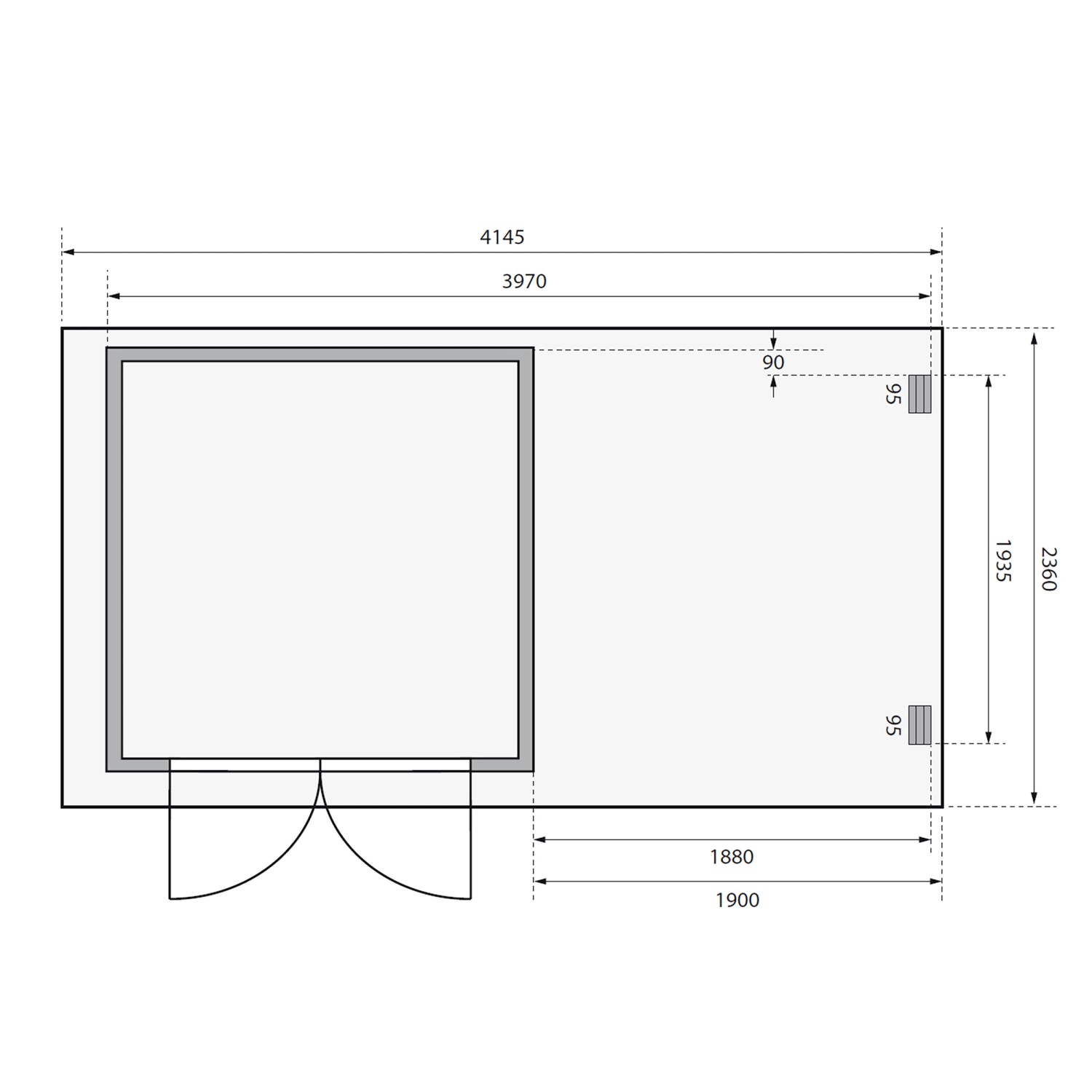 Grundriss Karibu Holz-Gartenhaus Genf 3 Terragrau, BxT 397x213cm mit Anbaudach und Doppeltür.