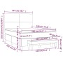 Graues vidaXL Boxspringbett 140x190cm mit Matratze und Bank, Maße eingezeichnet.