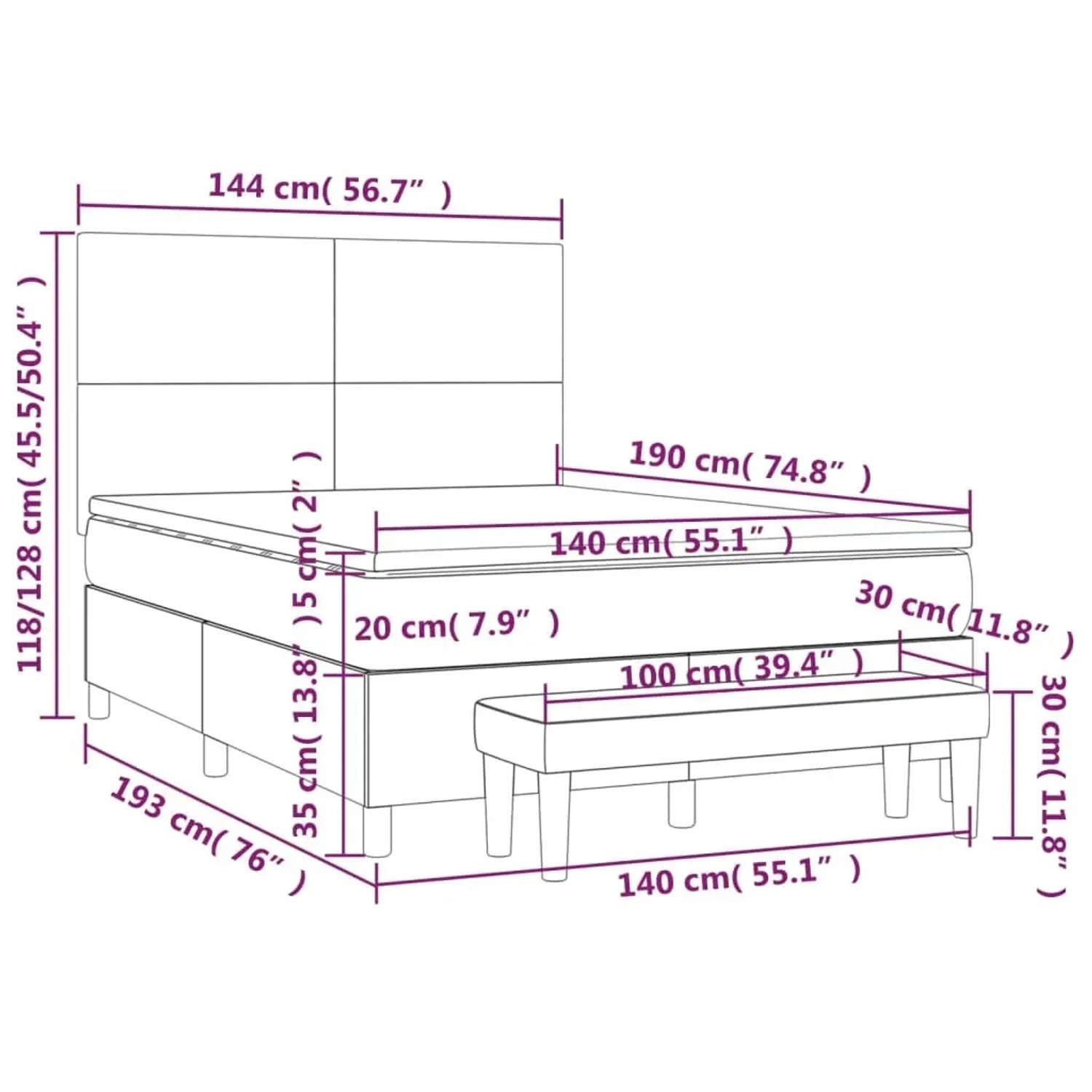 Graues vidaXL Boxspringbett 140x190cm mit Matratze und Bank, Maße eingezeichnet.