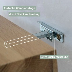Detailaufnahme der Wandmontage des Eiche Wandregals mit Steckverbindung und Justierschraube.