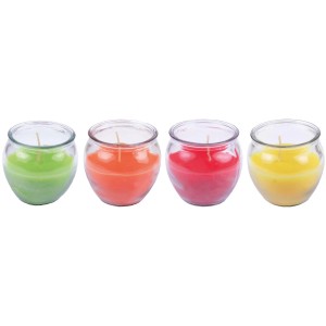 HS Candle Duftkerzen Selection, 4 Frucht-Duftkerzen im Glas in Grün, Orange, Rot und Gelb.