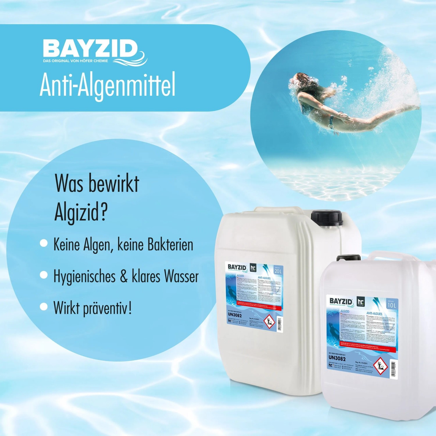 Bayzid Algizid Algenverhütung für Pools, 12 x 1l Kanister im Set. Algenbekämpfung für sauberes Poolwasser.