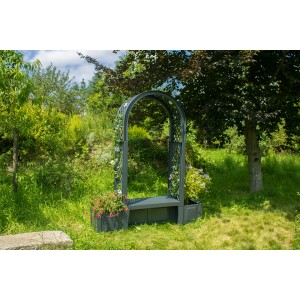 KHW Gartenbank Brüssel mit Rundbogen und Pflanzkästen in Anthrazit im Garten.