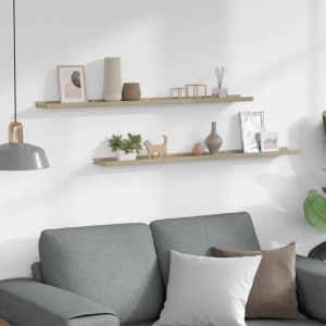 Zwei schwebende Wandregale in Sonoma-Eiche über einem Sofa, dekoriert mit Pflanzen und Dekoartikeln. Ideal für Wohnzimmer.