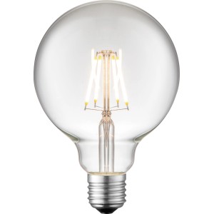 Klares E27 LED-Leuchtmittel in Globeform, 4W, mit sichtbarem Filament.