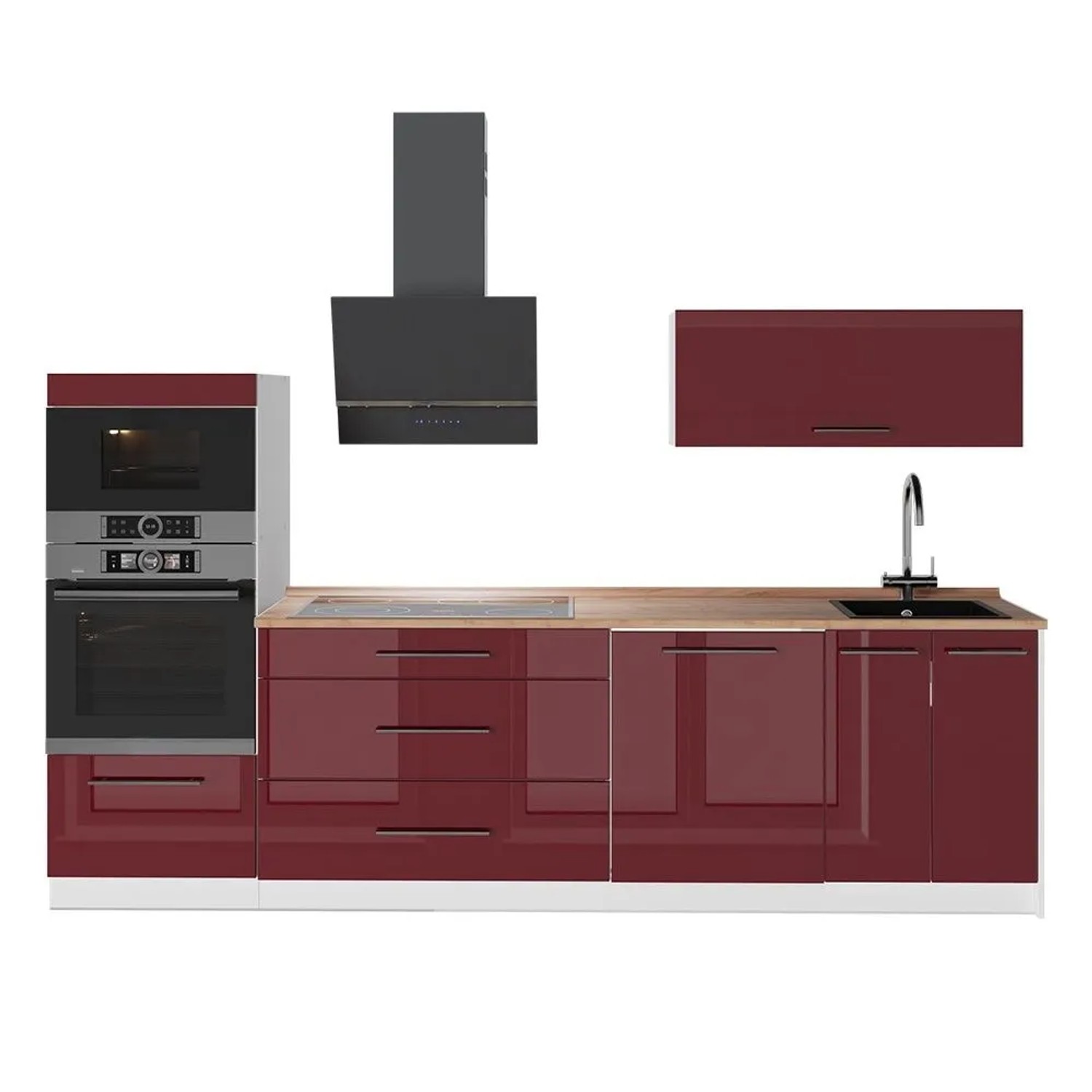 Vicco Küchenzeile Fame-Line Bordeaux Hochglanz/Weiß 280 x 154 AP Eiche Art Nr 64728