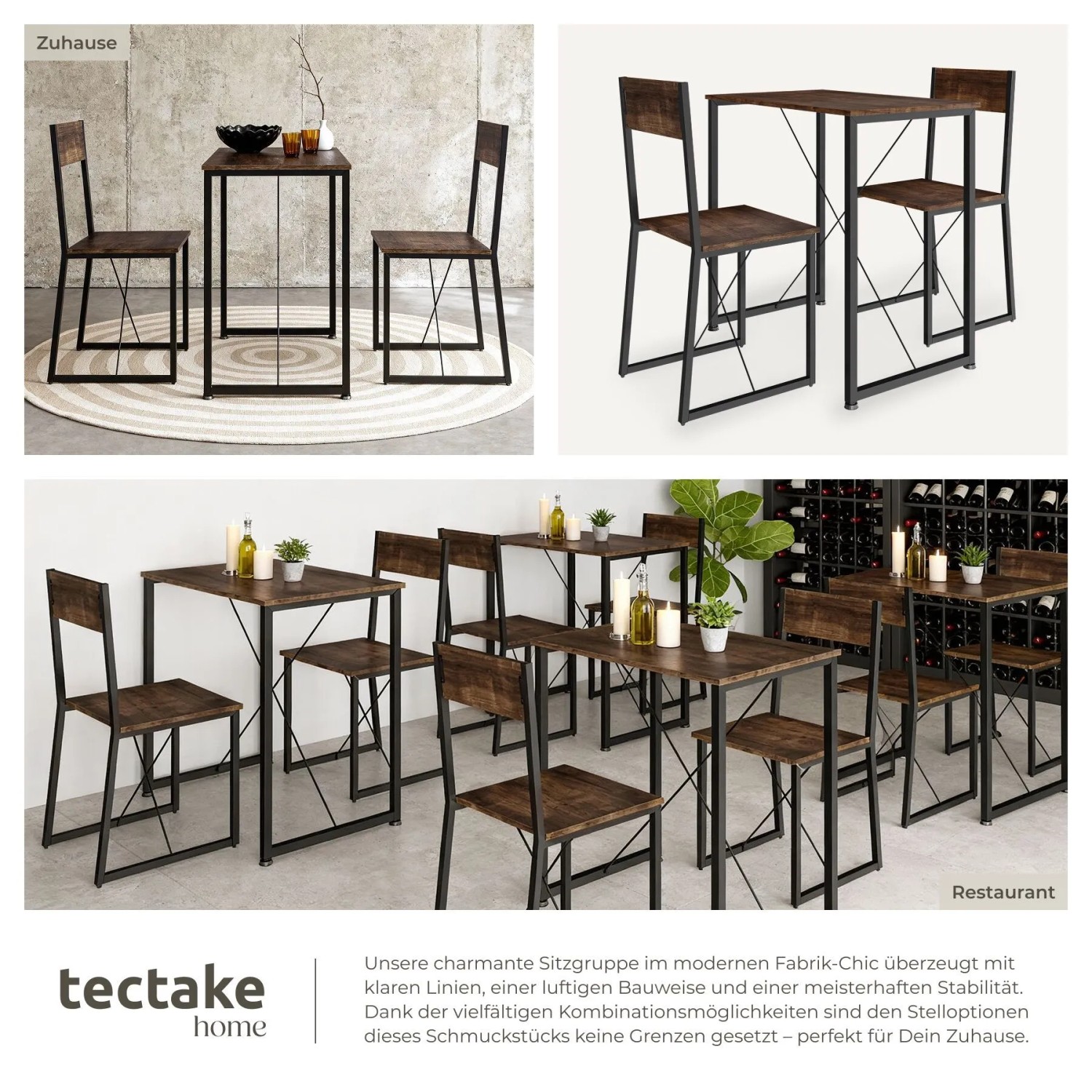 Tectake Sitzgruppe Margate 3 Teilig Esstisch Mit 2 Stühlen  138 x 80 x 90 cm Industrial Holz Dunkel  Rustikal_7