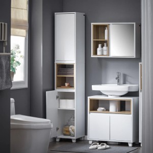 SoBuy Hochschrank BZR147-W, schmaler Badschrank in Weiß mit offenen Fächern für mehr Stauraum im Bad.
