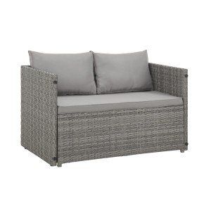 Graue Svita Athina Polyrattan Sitzbank mit Kissen, Teil der Gartenmöbel Sitzgruppe.