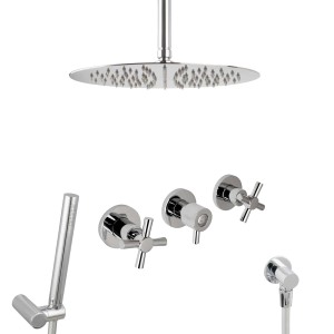 PaulGurkes Unterputz Regendusche Set mit Kopfbrause, Handbrause und Armaturen in Chrom.