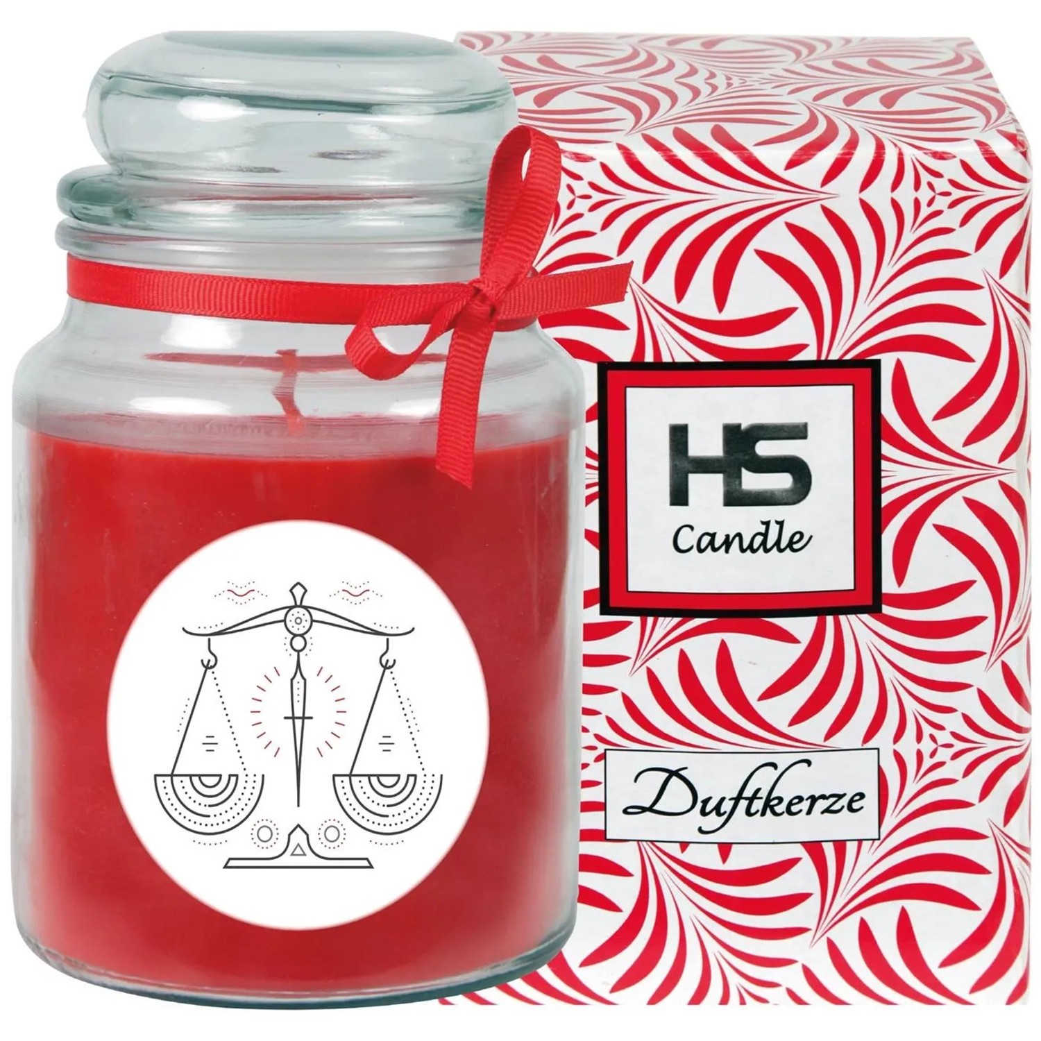 HS Candle Duftkerze Waage im Glas mit rotem Wachs und Geschenkverpackung.