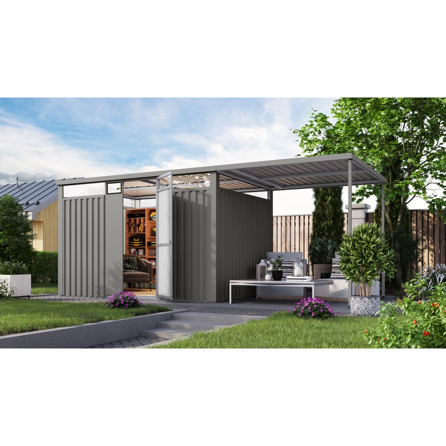 Karibu Gartenhaus Amato 3 m. Anbaudach Graualuminium 218 x 342 x 231 cm günstig online kaufen