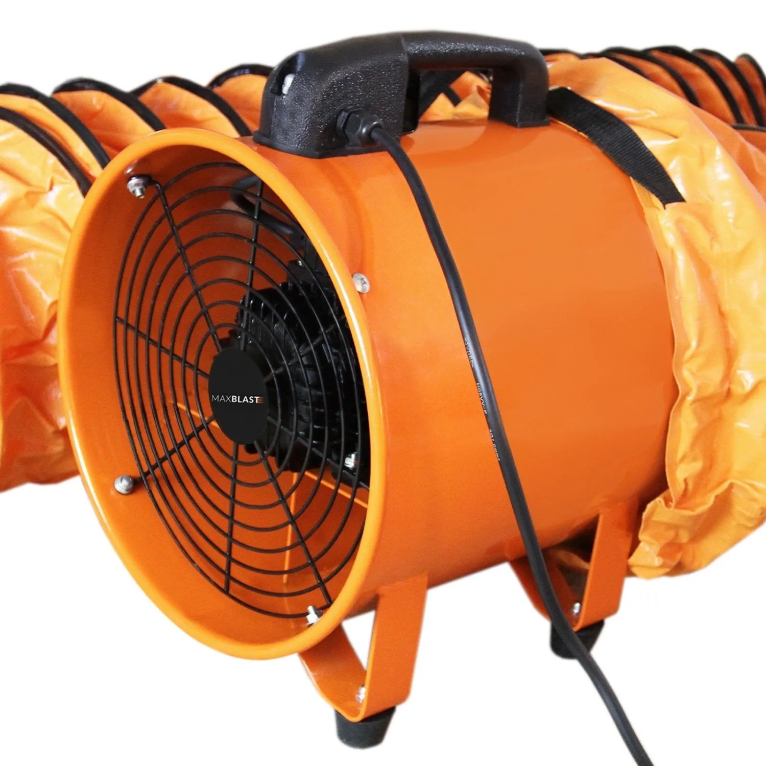 Oranger MAXBLAST Industrieventilator 300mm mit 6m Kanal für Luftzufuhr und Staubentfernung.