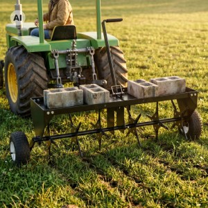 Wiltec Aerifizierer 90cm aus pulverbeschichtetem Stahl am Rasentraktor, mit Gewichten auf grünem Rasen.