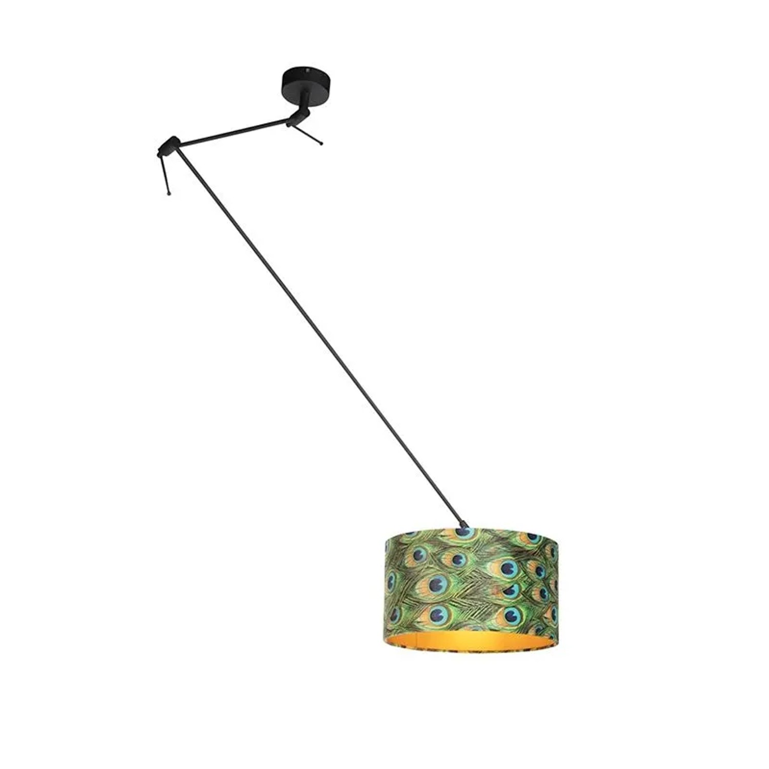 QAZQA Hängelampe mit Veloursschirm Pfau mit Gold 35 cm Blitz I Schwarz