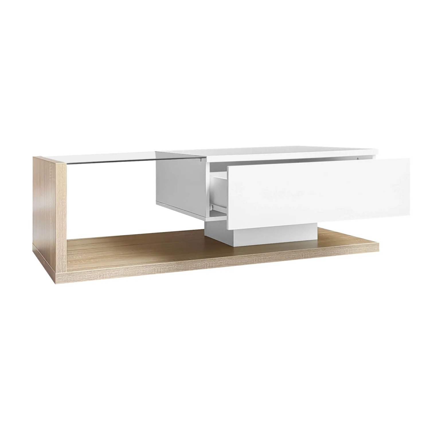okwish Couchtisch mit Glas und LED-Effekt Weiß und Holzfarbe 105 × 55 cm
